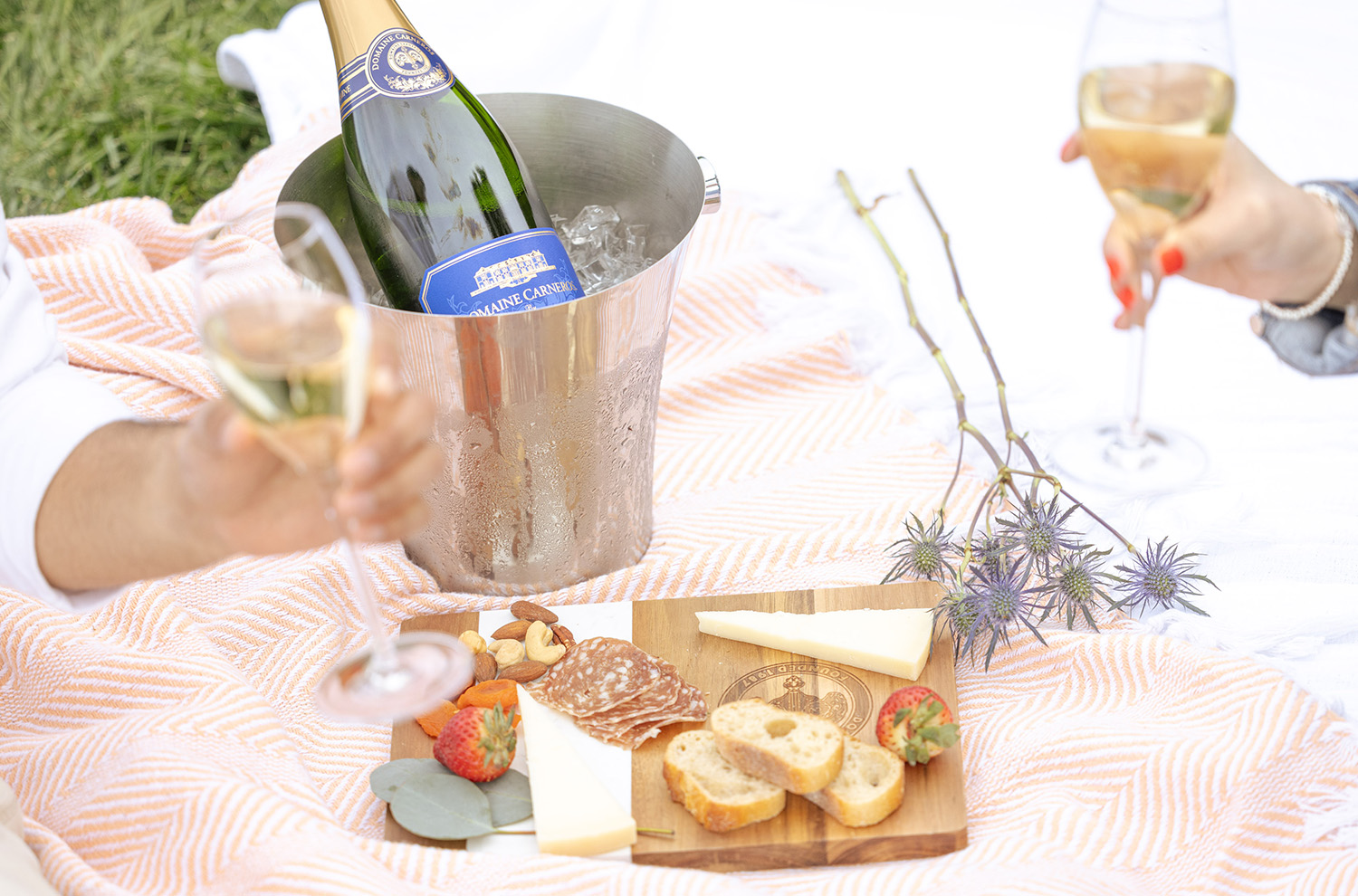 ice bucket with Estate Brut and charcuterie plate on picnic blanket